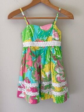 Lilly Pulitzer Colorful Floral Print Sundress with White Lace Waistband Youth 7